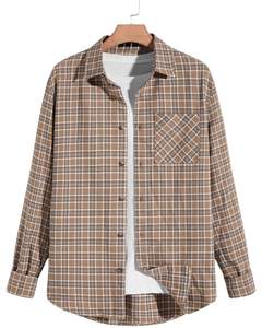 Chemise en flanelle à carreaux marron pour homme, personnalisée par le fabricant, boutonnée, manches longues, décontractée, avec poche poitrine, douce et chaude pour un usage quotidien - Product Image 1