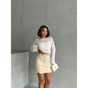 Jupe mi-longue trapèze élégante TOPSHOW pour femme en similicuir noir avec ceinture - Couleur unie, vente en gros - Product Image 6