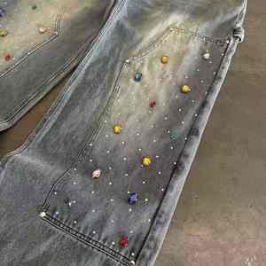 Jean en denim pour homme, style charpentier, coupe ample, jambe large, délavé, avec strass, ourlet déchiré, double épaisseur aux genoux et triple couture - Product Image 6