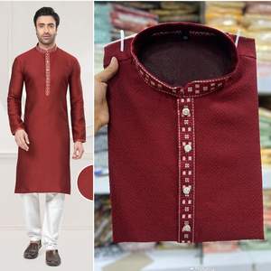 Premium Ethnic Wear Collection Heavy <b>Silk</b> Jacquard With Heavy Embroidery Work Men's Wear Kurtis with Raymond Cotton <b>Pyjama</b> Set - Product Image 5