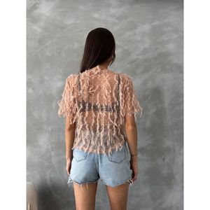 Blusa de Encaje con Flecos Brillantes Topshow Salmon para Mujer - Elegante Top de Poliéster, Disponible en Tallas S, M, L para Venta al Por Mayor - Product Image 5