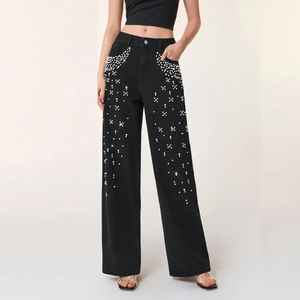 กางเกงคาร์โก้เอวสูงสำหรับผู้หญิง กางเกงยีนส์เดนิมประดับเพชร ผ้ายืดผสมผ้าฝ้าย ระบายอากาศได้ดี ซักนุ่มพิเศษ ไซส์พลัส - Product Image 2