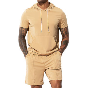 2024 nouveau deux pièces automne Sport tenues Joggers survêtement hommes Streetwear à manches courtes vêtements de sport à capuche Shorts grande taille genou - Product Image 1