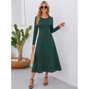 Abito Midi da Donna in <span class=keywords><strong>Crepe</strong></span> Importato <span class=keywords><strong>con</strong></span> Maniche Lunghe, Collo Tondo e Dettagli Floreali Tagliati al Laser, 37486 - <span class=keywords><strong>Smeraldo</strong></span> - Product Image 3