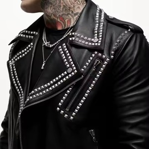 แจ็กเก็ตหนังแท้สำหรับผู้ชายเสื้อมอเตอร์ไซด์คอเสื้อพับลง2025โลหะสีเงินเสื้อแจ็คเก็ตหนังมีปุ่มกันลมกันลมใส่ลำลองสำหรับผู้ชาย - Product Image 5