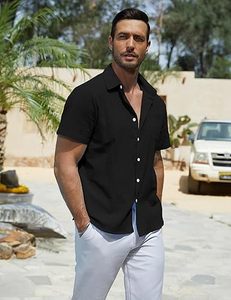 Camisa informal de algodón de manga corta con botones y bolsillo para hombre, tops de playa de primavera, tela de franela, característica anticontracción para el verano - Product Image 1