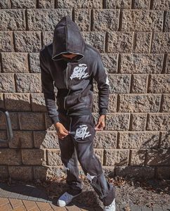 Ensemble survêtement 2 pièces avec appliqué délavé personnalisé, sweat à capuche zippé et pantalon de jogging évasé, streetwear pour hommes et femmes, coupe ajustée, 100% coton, 500GSM, hiver, Y2K - Product Image 2