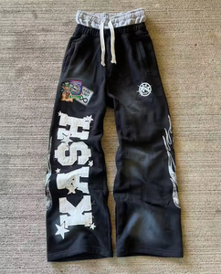 Pantalones de hombre pesados Pantalones de chándal holgados con bordado en capas de doble cintura Pantalones de chándal rectos de pierna ancha acampanados - Product Image 4