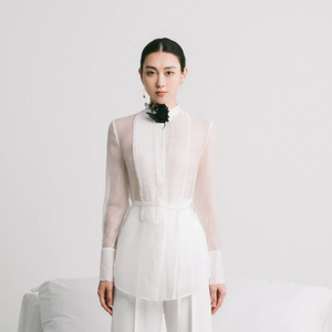 Blusa de camisa de señora más vendida BLUSA DE MANGA LARGA GRIS Cuello pequeño 73% Cupro 27% Poliéster Ropa de mujer informal - Product Image 4