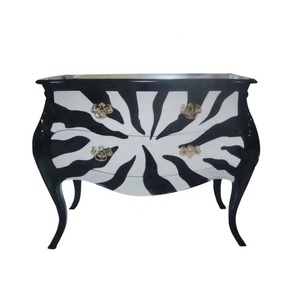 Commode à deux tiroirs en bois massif de style français, imprimé zèbre noir et blanc, pour ensemble de meubles de chambre antique et hôtel - Product Image 1