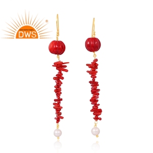 Best Selling Sterling Silver 18K Flash <b>Gold</b> Plated Pearl & Coral Cultured Gemstone <b>Dangle</b> <b>Earring</b> Demi Fine Jewelry Manufacturer - Product Image 1