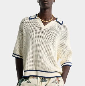 Pull en tricot ajouré personnalisé pour l'été, manches courtes, 100% coton, avec logo brodé <span class=keywords><strong>sur</strong></span> le col, polo en tricot pour <span class=keywords><strong>homme</strong></span> - Product Image 1