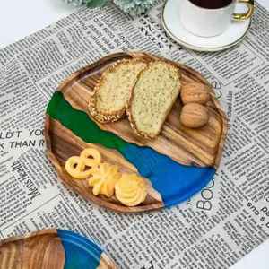 Plateau de service rond multifonctionnel en bois et résine, moderne et écologique, idéal pour le thé, le café, les collations et les repas – Spécial Ramadan – Meilleures ventes - Product Image 1