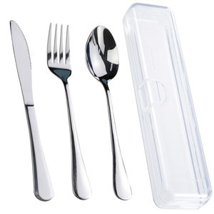 Ensemble d'ustensiles de voyage en acier inoxydable avec étui en plastique transparent, fourchette, cuillère, couteau, vaisselle portable pour usage extérieur - Product Image 1