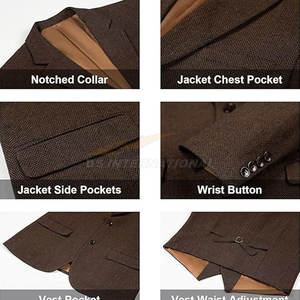 Costume 3 pièces classique en Tweed à chevrons pour hommes Slim Fit Design Groom Tuxedos Prom Formalwear Business Office Suit Set Dark Brown - Product Image 3