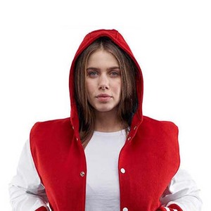 Chaquetas universitarias con logotipo de diseño personalizado al por mayor, chaquetas de béisbol informales con letras y capucha, chaquetas de lana con mangas de cuero para mujer - Product Image 3