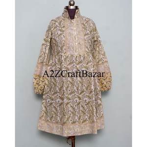 Robe d'été lavable pour femme, en coton écologique indien, imprimé floral fait main au bloc, col rond, style vintage bohème, longueur genou, idéale pour la plage - Product Image 1