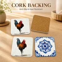 Ensemble de sous-verres imprimés en liège naturel carré avec motif coq et mandala, absorbants, pour tasses et tables, OEM ODM Vente en gros