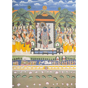 Tapisserie murale bohème en coton vert style Pichwai, motif scénique pour décoration extérieure et chambre, avec corde en métal - Product Image 2