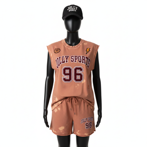 Women <b>Sleeveless</b> Mesh Jersey T <b>Shirt</b> And Short Set Soft Breathable Fabric Washed Brown Heat Press Logo 100% Cotton Women's Sets - Product Image 1