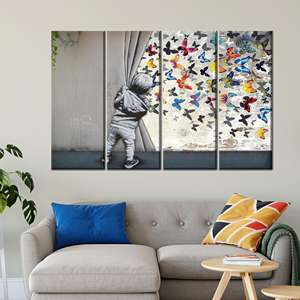 Elegante obra de arte en lienzo con estampado de mariposas de Banksy - Decoración moderna para pared, 4P: Enmarcado tipo galería - Product Image 1