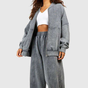 Tops de bombardero con cremallera de pierna larga y recta para mujer, conjunto de algodón lavado de tendencia, técnica bordada de punto, chándales sólidos para mujer - Product Image 2