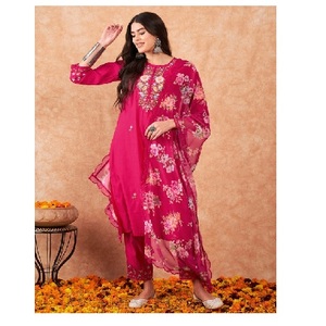 Pantalones Kurti de estilo occidental indio bordados en rosa elegante con Dupatta de organza pura para ropa y accesorios de mujer a la venta - Product Image 1