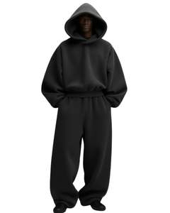 Mens Deep <b>Black</b> Fleece <b>Hoodie</b> And Loose Fit Jogger Tracksuit Set Winter Casual Pullover Hooded Sweatshirt Pants Streetwear - Product Image 1