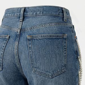 Women's <b>High</b> Quality Mid-<b>Waist</b> Denim <b>Jeans</b> Plus Size Straight Style <b>Ripped</b> Pearl Chain <b>Skinny</b> Design Casual Streetwear Pants - Product Image 5