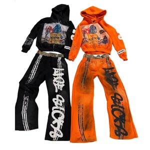 Conjunto de Sudadera con Capucha y Pantalones de Chándal de Algodón con Forro Polar, Estampado Gráfico, Lavado Ácido, Cierre de Cremallera y Doble Cintura, Estilo Urbano, Tallas Grandes, Personalizado para Invierno - Product Image 1