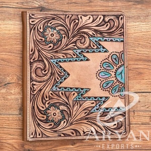 Best Seller Tooled Leather Portfolio <b>File</b> Organizer Portfolio A4 Customized Genuine Leather Turquoise Floral Document Portfolio - Product Image 1