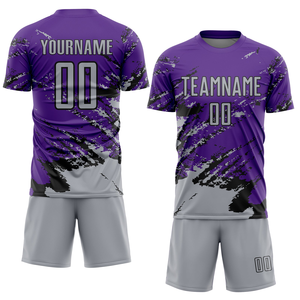 Uniforme de Fútbol Personalizado Transpirable de Manga Corta, Morado, Gris-Negro, con Diseño Abstracto de Fragmentos de Arte, Sublimado - Product Image 1