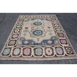 Vintage Rug, 8.4x11.2 ft Turkish Rug, <b>Brown</b> Blue Polka dot <b>Wool</b> Rug - Product Image 1