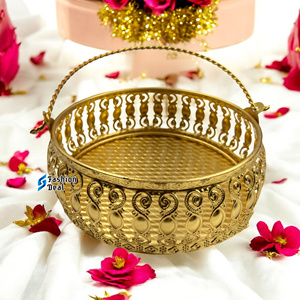 German Gold Plated Iron Metal Decorative <b>Storage</b> Baskets round Food <b>Hampers</b> for Festivals and Diwali Gifting - Product Image 1
