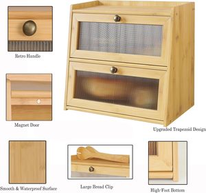 Boîte à pain pour comptoir de cuisine, conteneur de stockage de pain en bambou de grande capacité en bois double couche avec porte-pain de fenêtre - Product Image 4