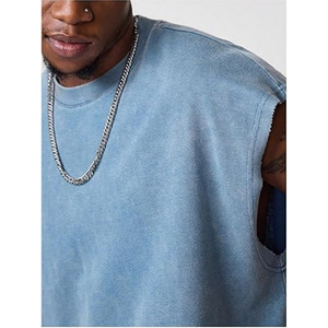 T-shirt décontracté à col côtelé et à découpe sans manches en coton éponge française avec broderie débardeur pour hommes - Product Image 3