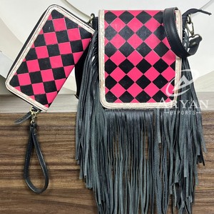 Western Hand Tooled Checkered Leather Fringe Crossbody & Clutch Set Stylish Two Piece Matching Bag Combo Boho Shoulder Purse - Product Image 1