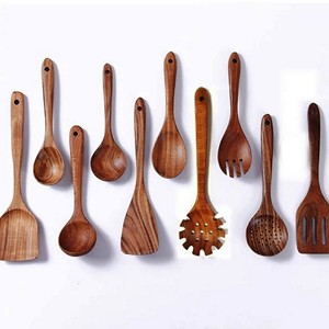 Utensilios de Cocina de Madera, Cucharas de Madera, Espátulas, Juego de Servir Ensaladas, Madera Natural con 2 Espátulas, Utensilios Hechos a Mano Sostenibles - Product Image 5