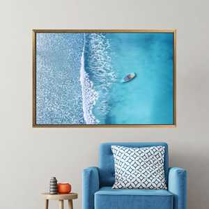 Impression sur toile de kayak aérien sur l'océan - Art de la plage turquoise, 1P : encadré or - Product Image 1
