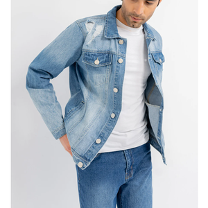 Nouveau style de veste en jean bleue pour hommes veste en jean de bonne qualité à manches longues et col montant veste en jean au design personnalisé - Product Image 3