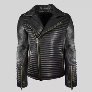 Chaqueta de moto de cuero genuino estilo motorista negro puro con chaqueta de moto de cuero de carreras de pista protegida CE blindada para hombres - Product Image 1