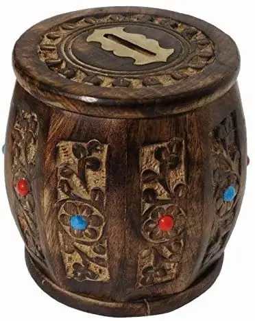 Tirelire en bois pour enfants Banque en métal de forme ronde avec articles cadeaux pour l'épargne et les fêtes