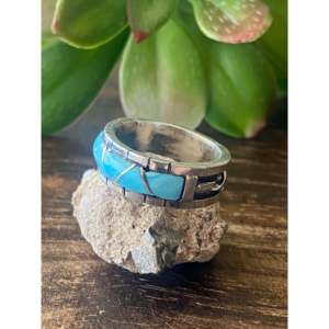 Zuni Turquoise Sterling <b>Silver</b> Inlay <b>Ring</b> Size 6.25-Natural Gemstone Jewelry for <b>Men</b> - Product Image 4