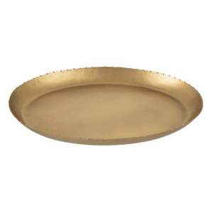Atractiva bandeja de hierro de metal decorativa con forma redonda de color dorado que la convierte en una pieza de acento versátil y duradera - Product Image 1