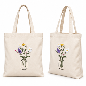 Sac fourre-tout en toile de coton brodé à la main motif fleurs sauvages, personnalisable avec logo, sac de courses floral, vente en gros - Product Image 6