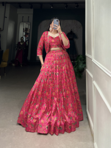 Designer Silk Floral Print <b>Wedding</b> Lehenga - Product Image 4