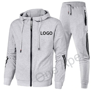 Survêtement à capuche 2 pièces à manches longues pour hommes 100% coton décontracté Gym Workout Activewear motif solide hiver saison fermeture éclair survêtement - Product Image 4