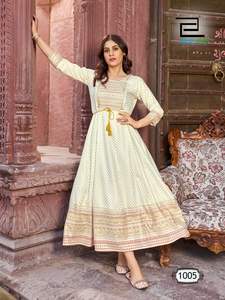 Mode à la mode pour les femmes longue rayonne Anarkali kurti robe de soirée de mariage indien feuille impression robe pour les femmes 2024 - Product Image 4