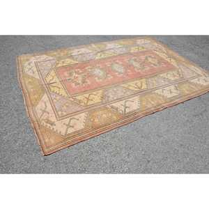 7x9.3 ft Vintage Rug, Turkish Large Rug, <b>Red</b> Beige Patchwork <b>Wool</b> Rug - Product Image 2