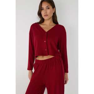 Casual Red V-Neck Button Detailed Crop <b>Cardigan</b> Soft Texture with Short <b>Length</b> - Product Image 4